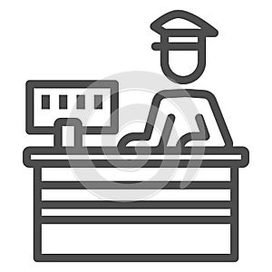 Customs officer at reception line icon, security check concept, border protection vector sign on white background