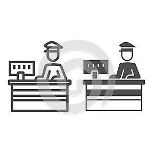 Customs officer at reception line and solid icon, security check concept, border protection vector sign on white