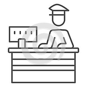 Customs officer at reception thin line icon, security check concept, border protection vector sign on white background