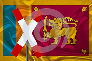 Customs sign, stop, attention on the background of the silk national flag of sri lanka country, the concept of border and customs