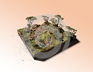 Cut of Africa forest in 3d cubical grass land with trees, 3D rendering ecology isolated on orange background. Micro world