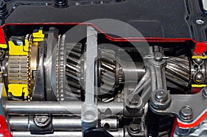 Cut away of piston, valves and fuel injectors in a modern internal combustion petrol engine.