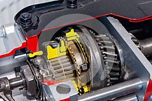 Cut away of piston, valves and fuel injectors in a modern internal combustion petrol engine.