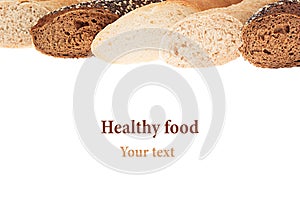 Cut baguette bread of different varieties on a white background. Isolated. Decorative frame of bread. Macro. Texture.
