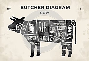 Cut of beef set. Poster Butcher diagram - Cow. Vintage typographic hand-drawn. Vector illustration.