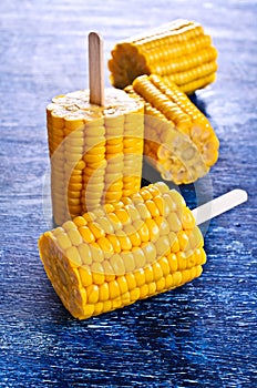 Cut corn on the cob on a stick