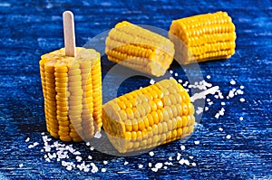 Cut corn on the cob on a stick