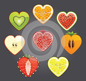 Cut of differend fruits,berries in a heart shape