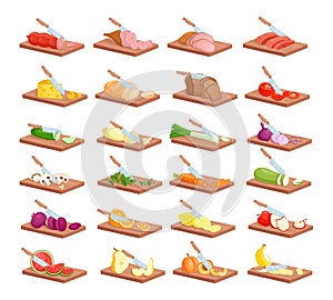 Cut food for cooking, isometric chef knife cutting meat and fish, vegetables and fruits