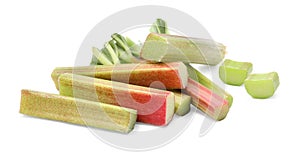 Cut fresh rhubarb stalks on white background