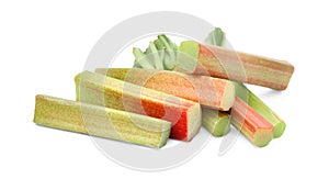 Cut fresh rhubarb stalks on white background