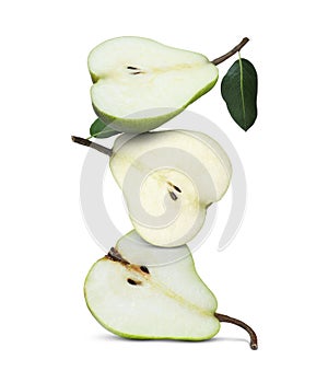 Cut fresh ripe pears on white background