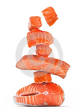 Cut fresh salmon falling on white background