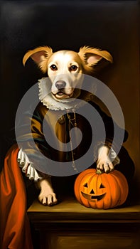 Cut and funny Golden retriever dog in costume with jack o\'lantern