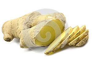 Cut ginger root on white background