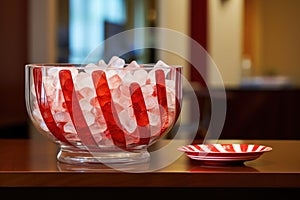 a cut-glass bowl of red and white striped hard candies near a receptionists phone