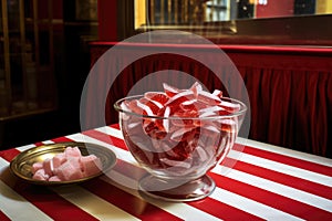 a cut-glass bowl of red and white striped hard candies near a receptionists phone