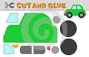 Cut and glue creen car. Vector illustration. Paper puzzle game for children activity and education