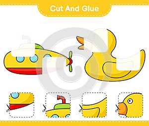 Cut and glue, cut parts of Submarine and Rubber Duck. And glue them. Educational children game, printable worksheet, vector