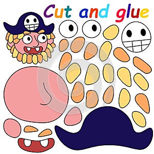 Cut and glue - educational paper game for kids vector illustration. Funny cartoon pirate character colorful worksheet for homemade