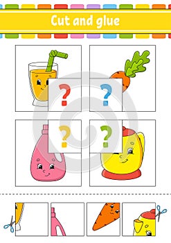 Cut and glue. Four flash cards. Color puzzle. Education developing worksheet. Activity page. Game for children. Funny character.