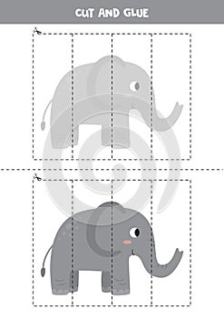 Cut and glue game for kids. Cute cartoon grey elephant.