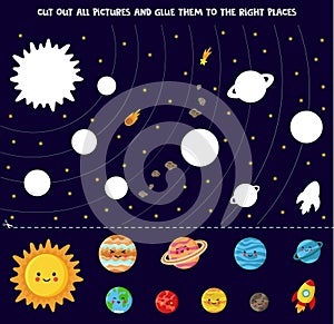 Cut and glue game for kids. Set of cute solar system planets.