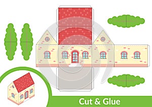 Cut and glue a house. Children art game for activity page. Paper 3d model. Vector illustration.