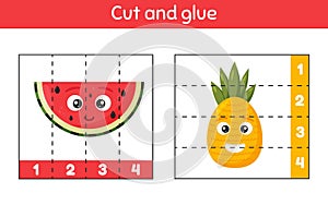 Cut and glue. Learning numbers. Worksheet for kids kindergarten, preschool and school age. Pineapple and watermelon.