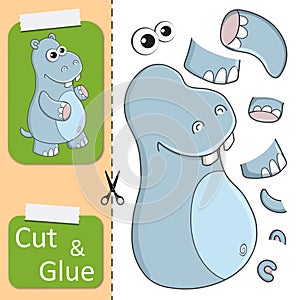 Cut and glue the paper Hippo. Create application the cartoon fun Behemoth. Education riddle entertainment and amusement