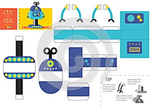 Cut and glue robot toy vector illustration, worksheet. Paper craft and diy model