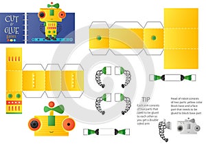 Cut and glue robot toy vector illustration, worksheet. Paper craft and diy model