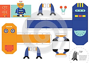 Cut and glue robot toy vector illustration, worksheet. Paper craft and diy riddle