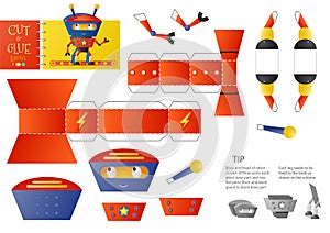 Cut and glue robot toy vector illustration, worksheet. Paper craft and diy riddle