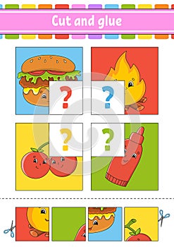 Cut and glue. Set flash cards. Color puzzle. Education developing worksheet. Activity page. Game for children. Funny character.