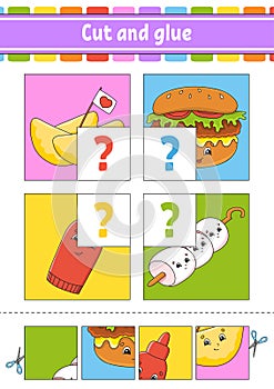 Cut and glue. Set flash cards. Color puzzle. Education developing worksheet. Activity page. Game for children. Funny character.