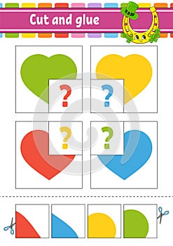 Cut and glue. Set flash cards. Education worksheet. Activity page. Hearts. Game for children. Cartoon character. Isolated vector
