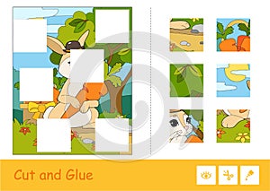 Cut and glue vector learning children game. Colorful puzzles of cute bunny in a hat picking carrots in a wood. Wild