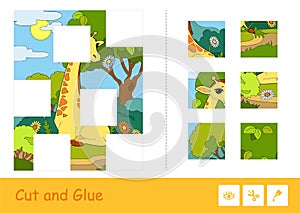 Cut and glue vector puzzle learning children game with colorful image of a giraffe eating a flower in a woodlands, divided into