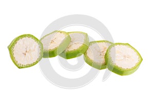 Cut of green bananas isolated on white background.