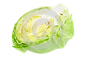 Cut green cabbage isolated on white background, fresh iceberg lettuce