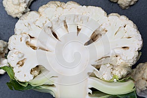 Cut in half cauliflower closeup selective focus