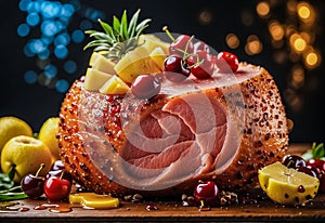 Cut ham coated with a sweet honey glaze and garnished with pineapple and cherries. Christmas food. Festive dish