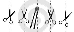 Cut here line icon pack symbol. Paper cut icon with dotted line. Scissors with cut lines. Vector