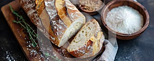 Cut homemade rustic bread on wooden cutting board. Generative AI