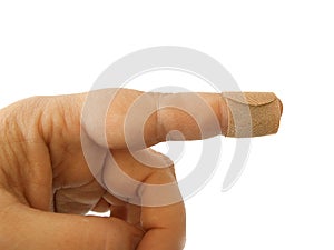 Cut index finger glued with adhesive plaster. insulate