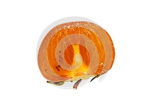 Cut kaki isolated on white.Slice of kaki.Ripe orange tropical persimmon fruit on white.