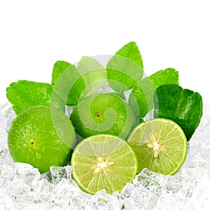 Cut lime (Citrus aurantifolia (Christm.) Swingle) and ice on wh photo