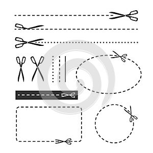 Cut line with scissors and coupons collection. Vector design elements