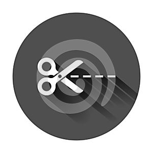 Cut lines icon in flat style. Scissors snip vector illustration on black round background with long shadow